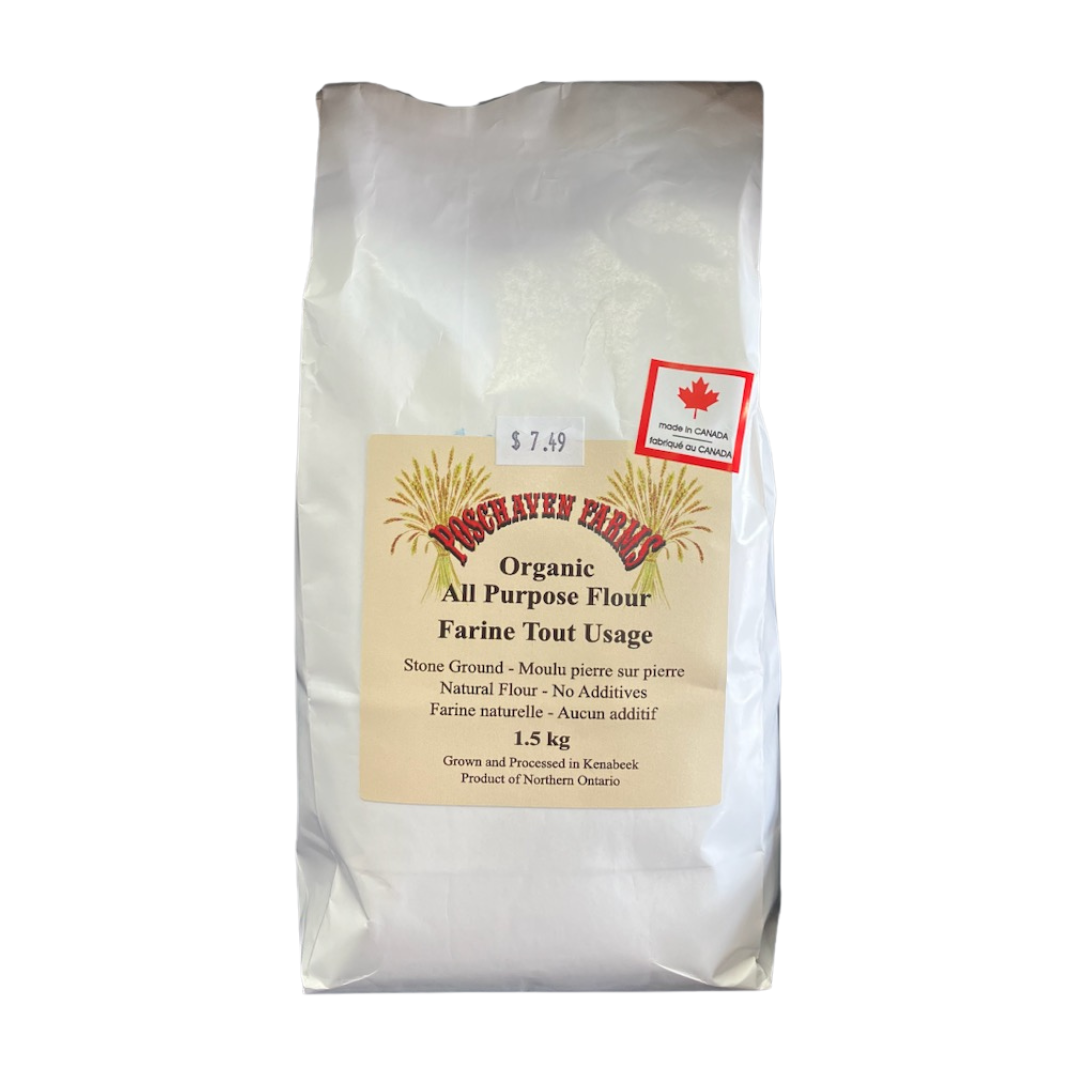 Bag of Poschaven Farms organic all-purpose flour on a white background