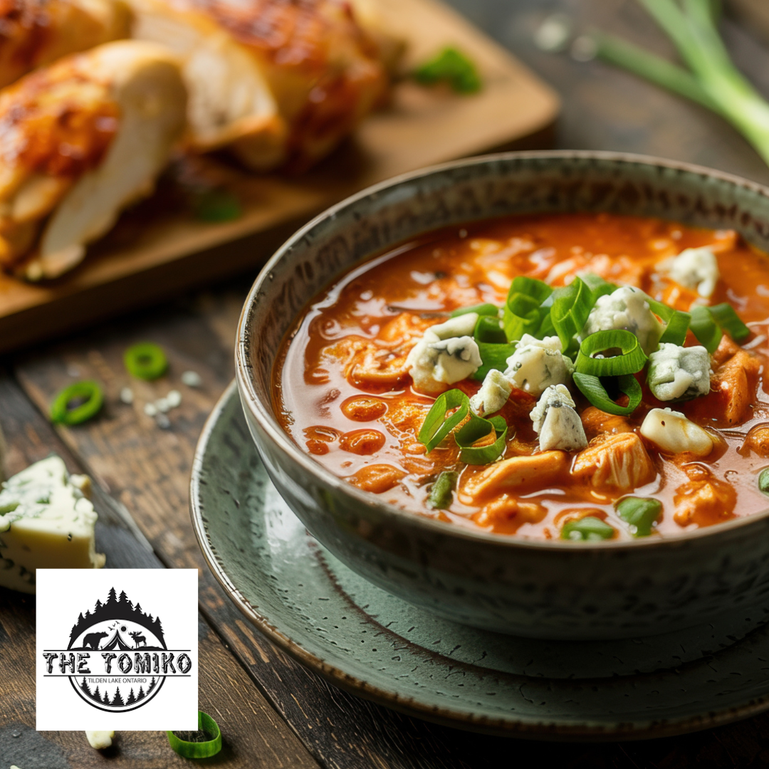 Bowl of buffalo chicken soup with blue cheese and green onions on a wooden table, featuring The Tomiko logo.
