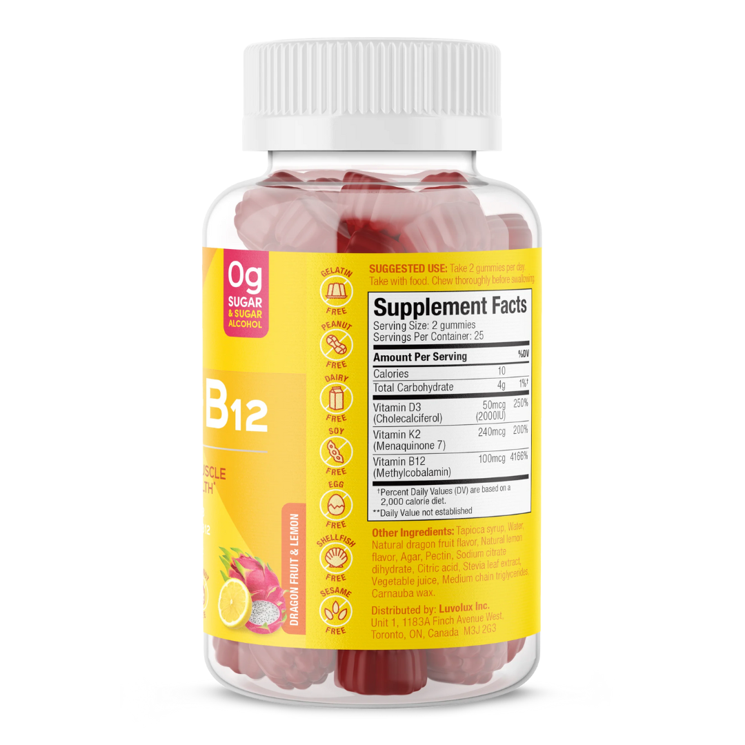A side view of the bottle displaying supplement facts for SUKU Vitamins Vitamin D3 + K2 + B12 gummies. It shows serving size (2 gummies), 10 calories, 4g carbs, and lists amounts of Vitamin D3, K2, and B12. Additional icons indicate the product is gelatin-free, dairy-free, soy-free, egg-free, shellfish-free, sesame-free, and suitable for vegans. Fruits (lemon and dragon fruit) are pictured on the label.