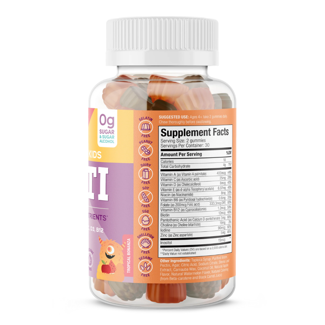 Side view of SUKU Kids Multi vitamin bottle showing full supplement facts panel. Lists detailed vitamin and mineral content, including folate, B12, zinc, iodine, and more. Features allergen-free and vegan icons, suitable for vegetarians.