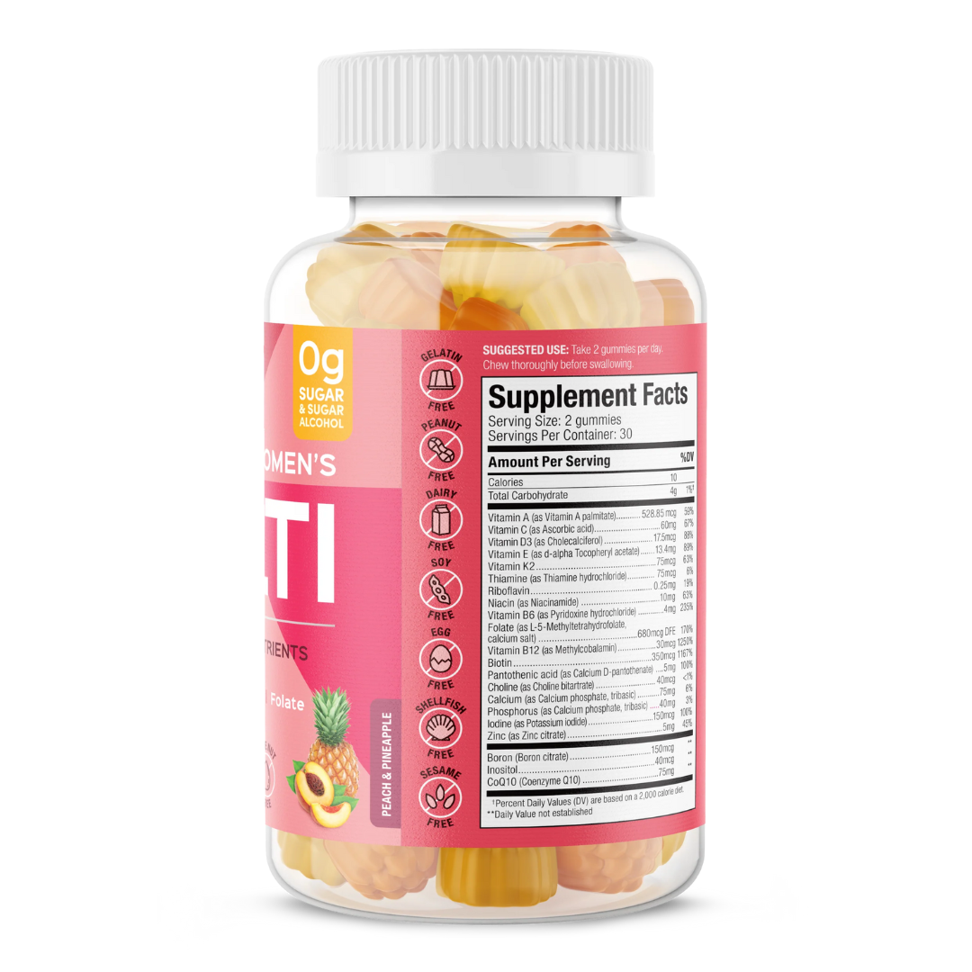 Side view of SUKU Women's Multi vitamin bottle displaying detailed supplement facts panel. Lists vitamins, minerals, and CoQ10 content per serving, along with allergen-free icons for gelatin, peanuts, dairy, soy, gluten, and shellfish.