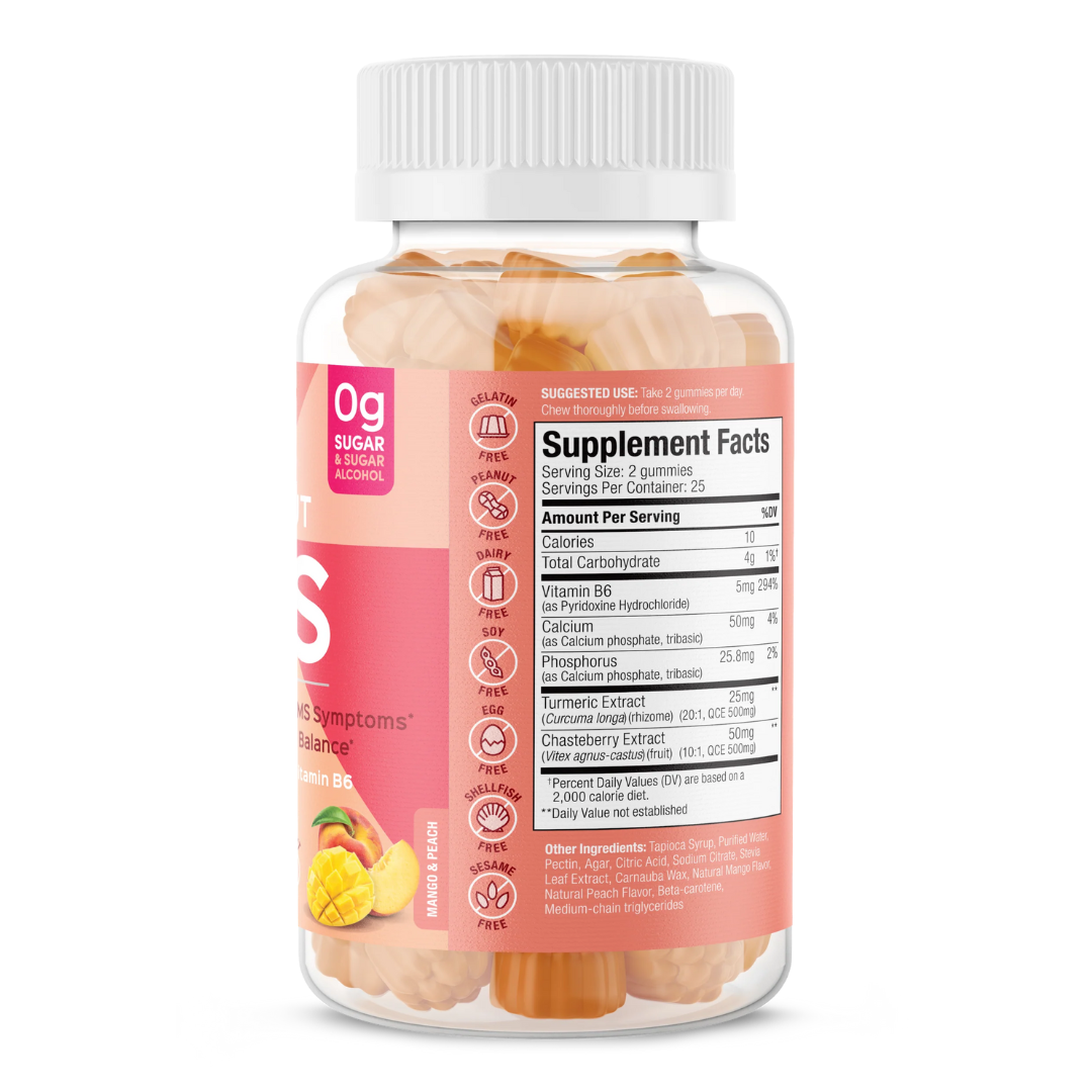 Label showing dosages of calcium, B6, turmeric, and chasteberry.