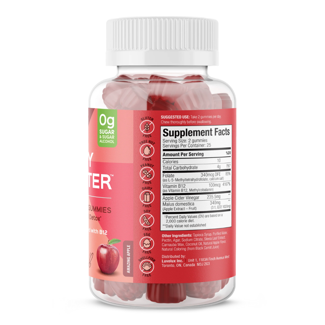 Side view of SUKU Apple Cider Vinegar Gummies bottle showing supplement facts. Lists folate, vitamin B12, and apple cider vinegar content per serving. Also displays allergen-free icons and ingredient list. Suitable for vegans.