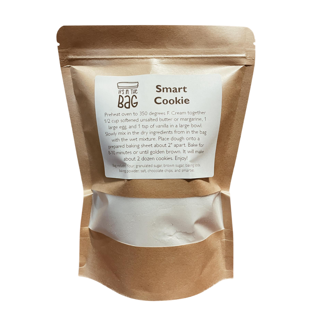 Brown paper bag with a label on a white background