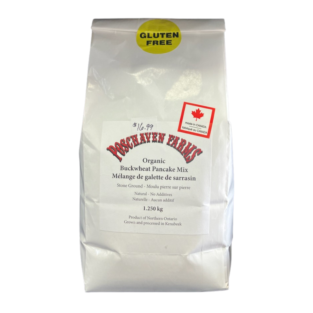 Bag of Poschaven Farms organic buckwheat pancake mix on a white background