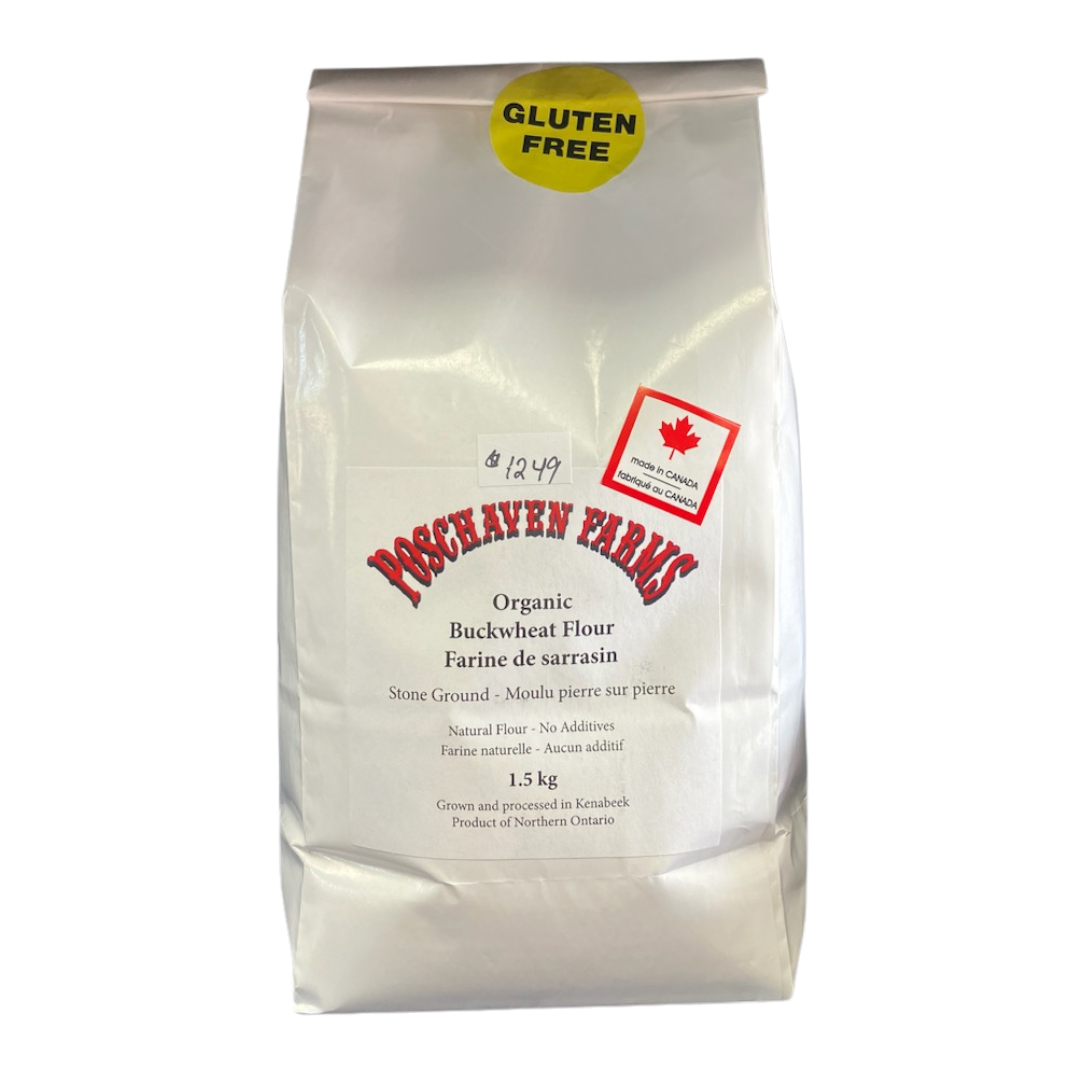 Bag of Poschaven Farms organic buckwheat flour with a gluten-free label on a white background