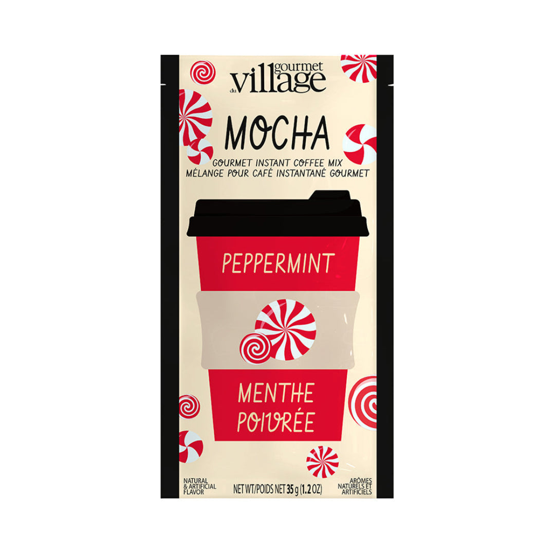 Gourmet Village Mocha Peppermint instant coffee mix packaging on a white background