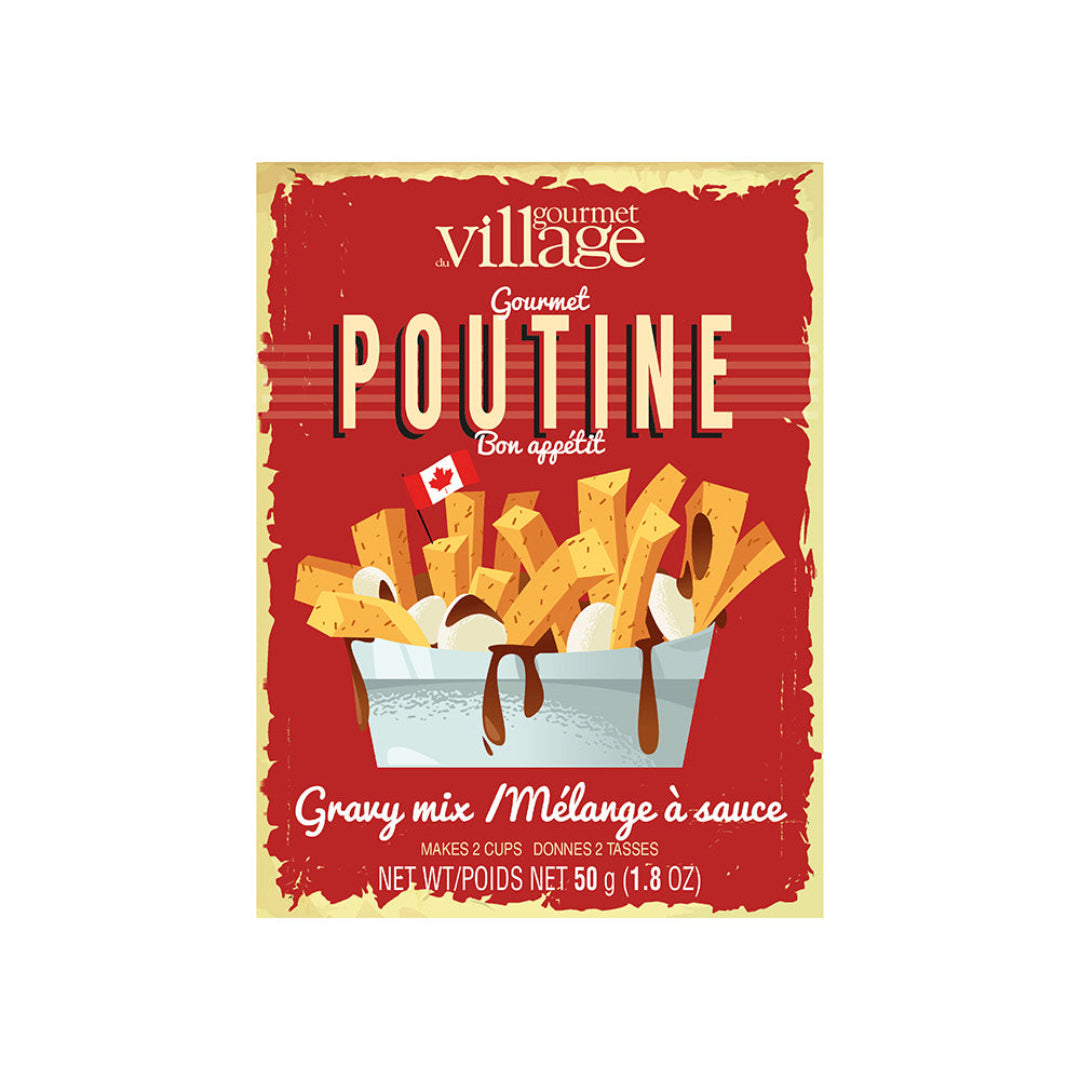 Gourmet Village Poutine gravy mix packaging on a white background