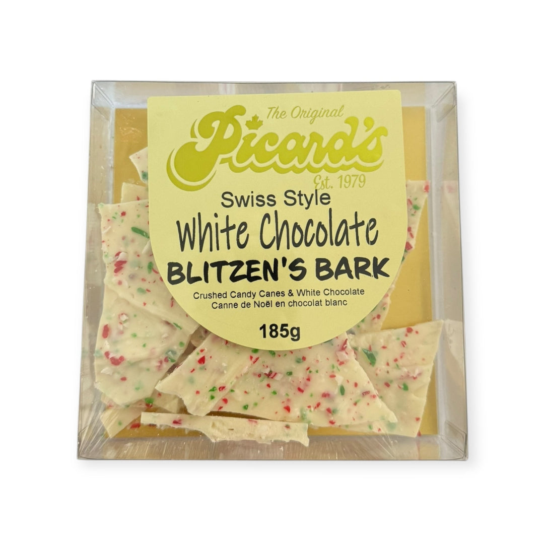 Packaged white chocolate blitzen's bark with Picard's branding on a white background