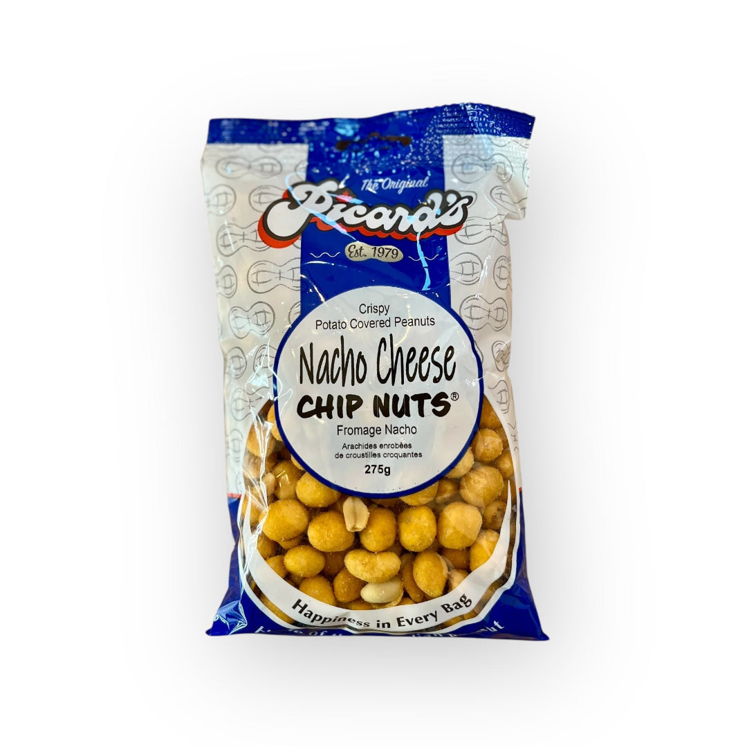Packaged snack of nacho cheese chip nuts with a blue and white label on a white background