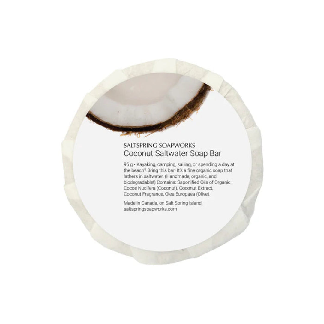 Coconut saltwater soap bar with visible brand text on a white background