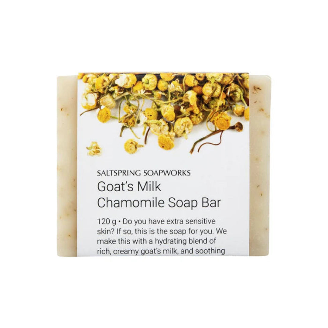 Goat's Milk Chamomile Soap Bar with Saltspring Soapworks label on a white background