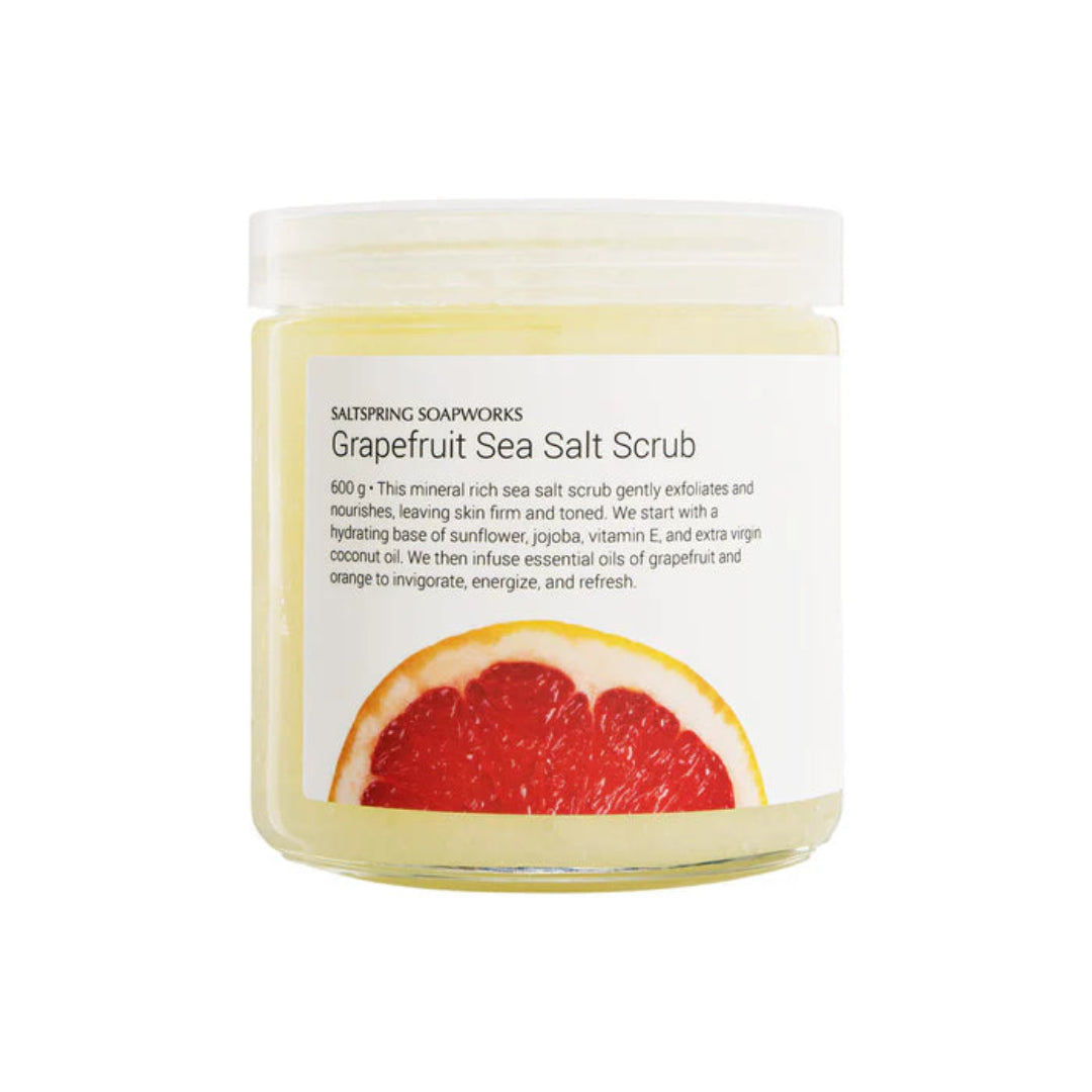 Jar of Grapefruit Sea Salt Scrub with label on a white background