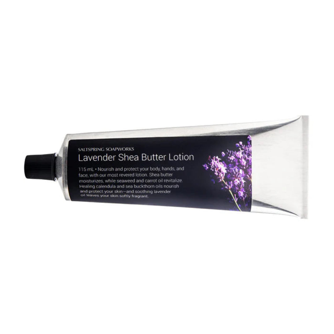 Lavender Shea Butter Lotion tube with lavender flower image on a white background