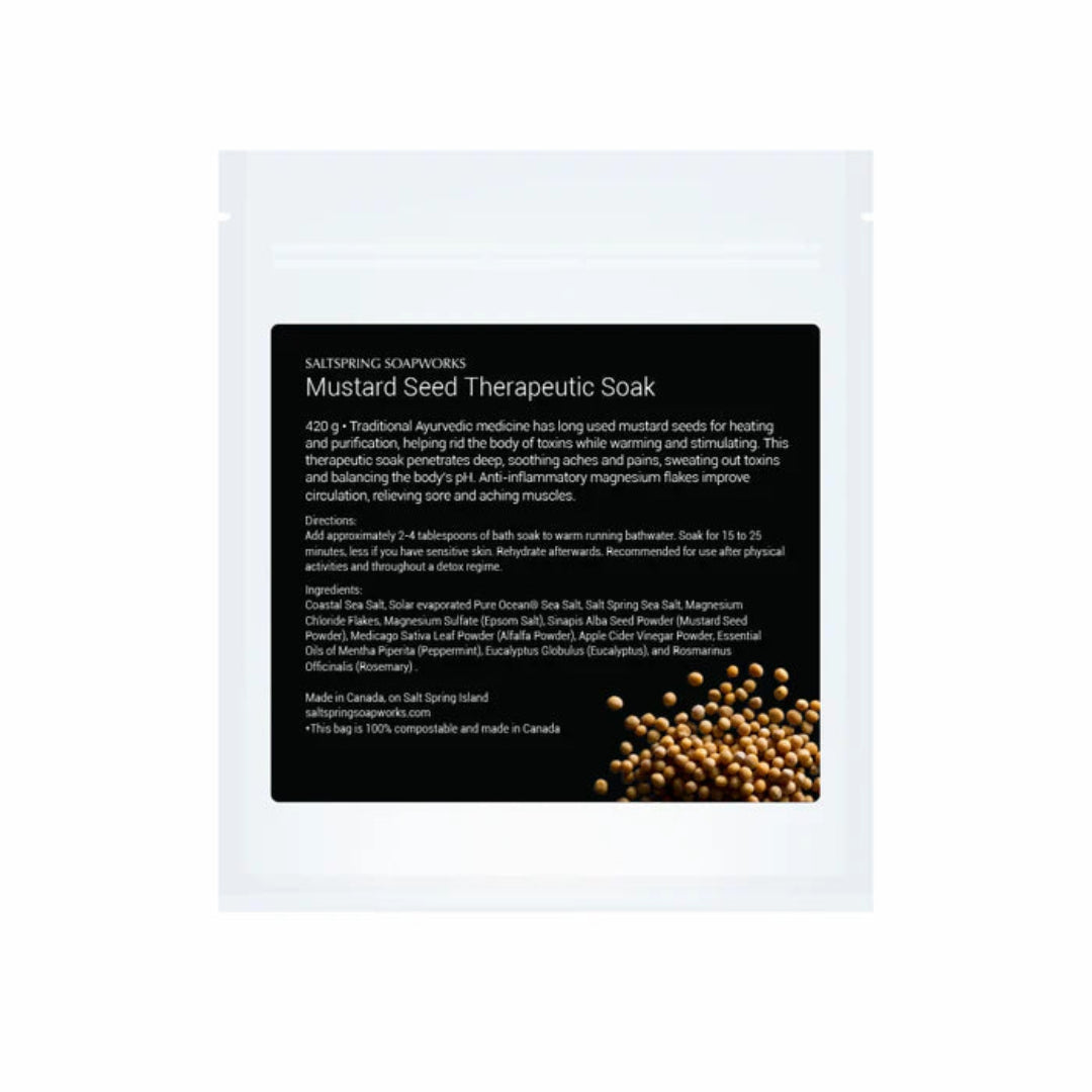 Mustard Seed Therapeutic Soak packaging with text and mustard seeds on a white background