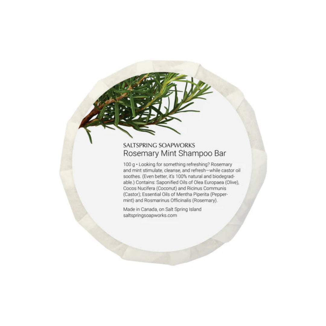 Rosemary Mint Shampoo Bar packaging with rosemary branch on a white background
