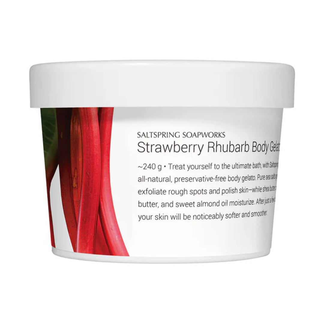 Strawberry Rhubarb Body Gelato container with label on a white background