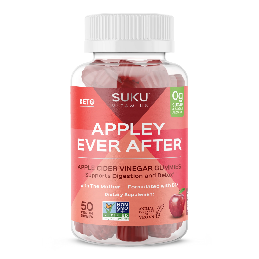 Bottle of SUKU Vitamins "Appley Ever After" Apple Cider Vinegar Gummies with a red label. Contains 50 apple-flavored pectin gummies. Promotes digestion and detox, formulated with B12 and “The Mother.” Vegan, Non-GMO, and 0g sugar or sugar alcohol.
