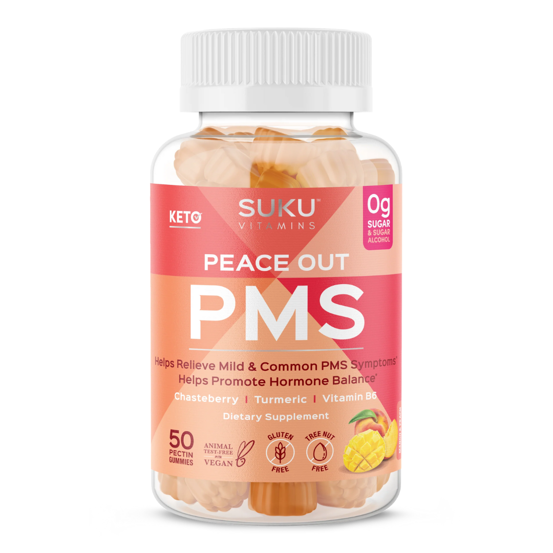Bottle of SUKU Peace Out PMS Gummies with chasteberry, turmeric, and vitamin B6.