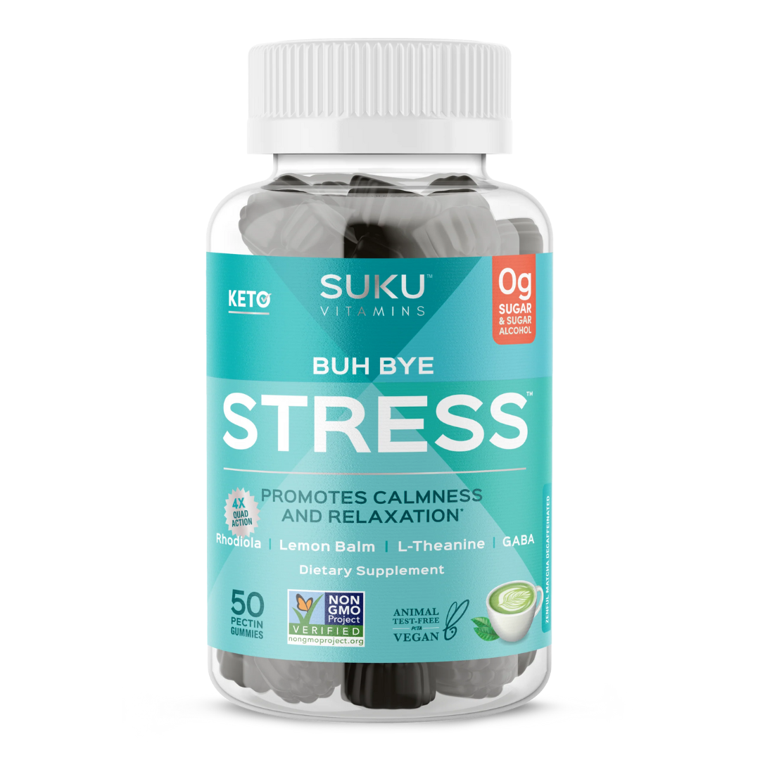 Bottle of SUKU Vitamins "Buh Bye Stress" gummies with a teal label. Contains 50 decaffeinated matcha-flavored pectin gummies. Promotes calmness and relaxation with Rhodiola, Lemon Balm, L-Theanine, and GABA. Vegan, Non-GMO, and sugar-free.