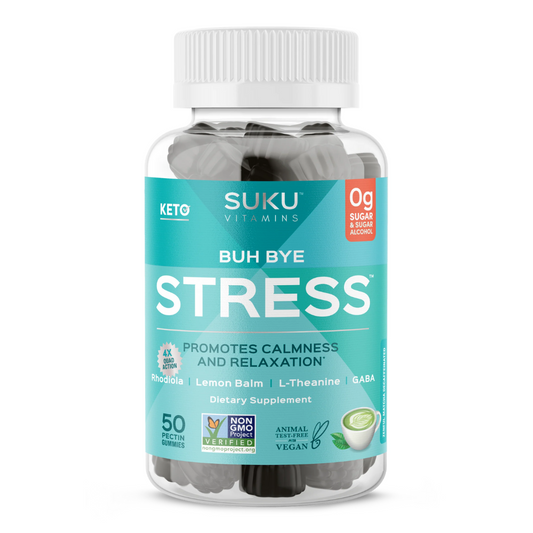 Bottle of SUKU Vitamins "Buh Bye Stress" gummies with a teal label. Contains 50 decaffeinated matcha-flavored pectin gummies. Promotes calmness and relaxation with Rhodiola, Lemon Balm, L-Theanine, and GABA. Vegan, Non-GMO, and sugar-free.