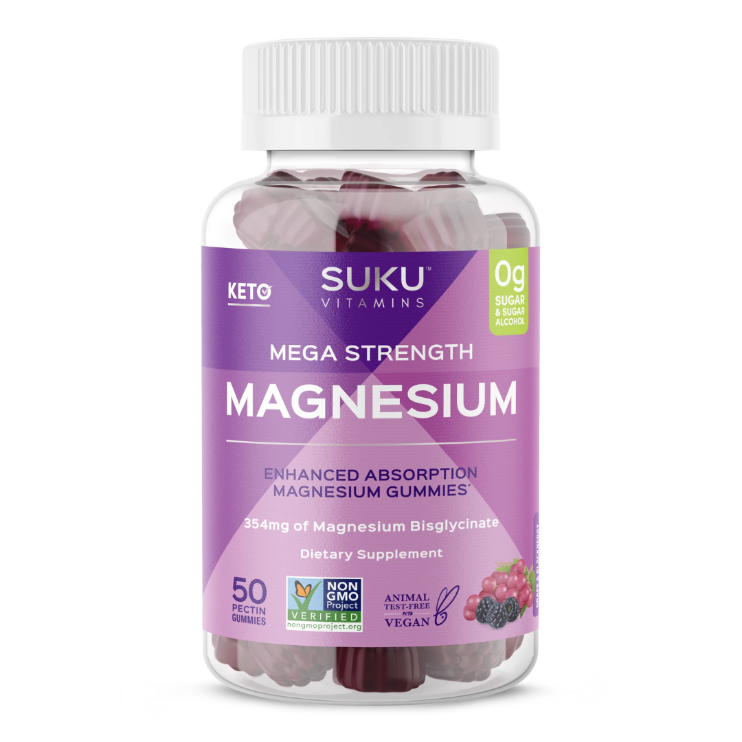 Bottle of SUKU Vitamins "Mega Strength Magnesium" with a purple label. Contains 50 grape and blackberry-flavored pectin gummies. Highlights include 354 mg of magnesium bisglycinate, 0g sugar and sugar alcohol, vegan, animal test-free, and Non-GMO Project Verified.