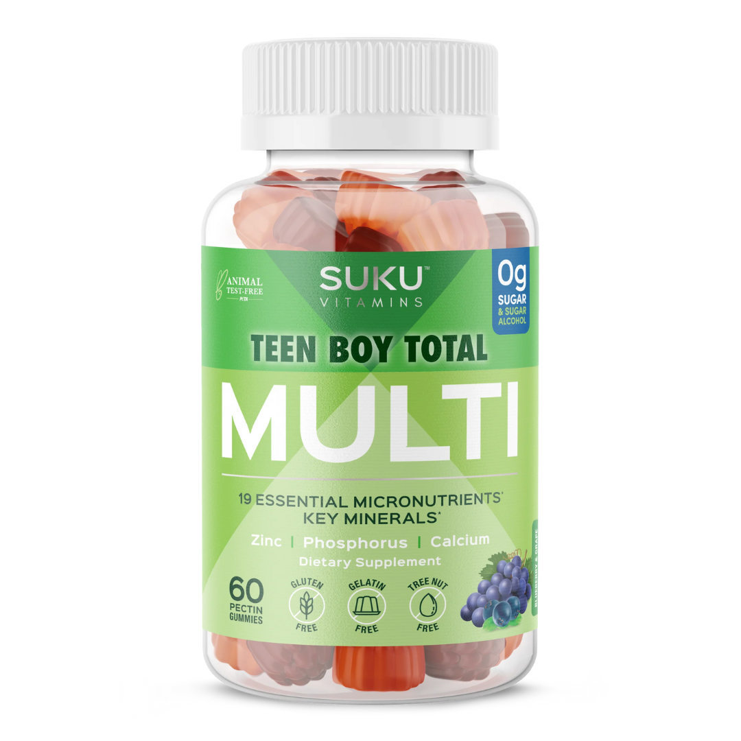 Bottle of SUKU Vitamins "Teen Boy Total Multi" with a green label. Contains 60 blueberry and grape-flavored pectin gummies. Includes 19 essential micronutrients and key minerals such as zinc, phosphorus, and calcium. Gluten-free, gelatin-free, and sugar-free.
