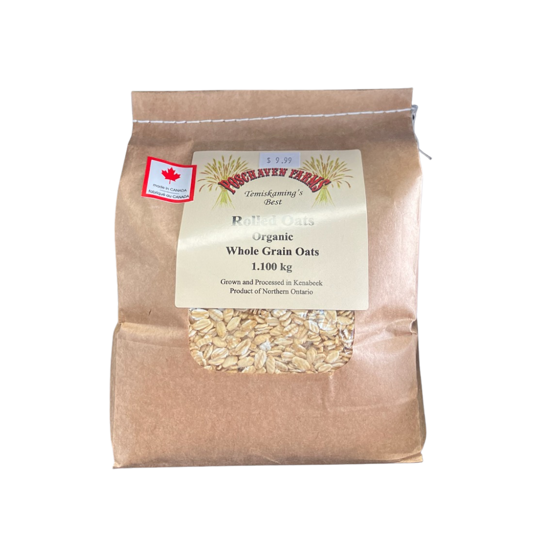 Bag of organic whole grain oats with a label on a white background
