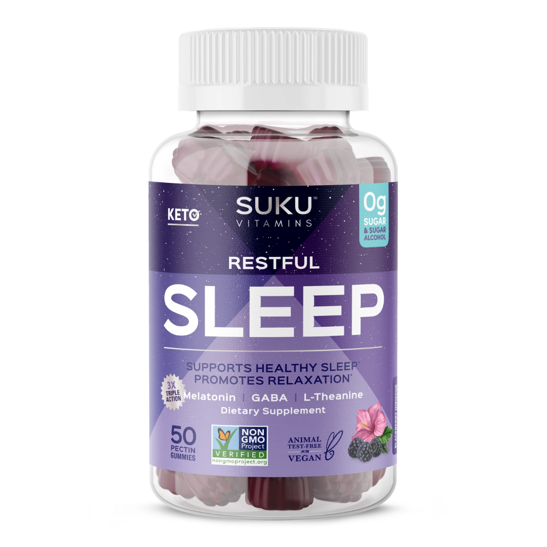 Bottle of SUKU Vitamins "Restful Sleep" gummies with a deep purple night-sky-themed label. Contains 50 blackberry hibiscus-flavored pectin gummies. Promotes relaxation and healthy sleep with Melatonin, GABA, and L-Theanine. Vegan, Non-GMO, 0g sugar or sugar alcohol.