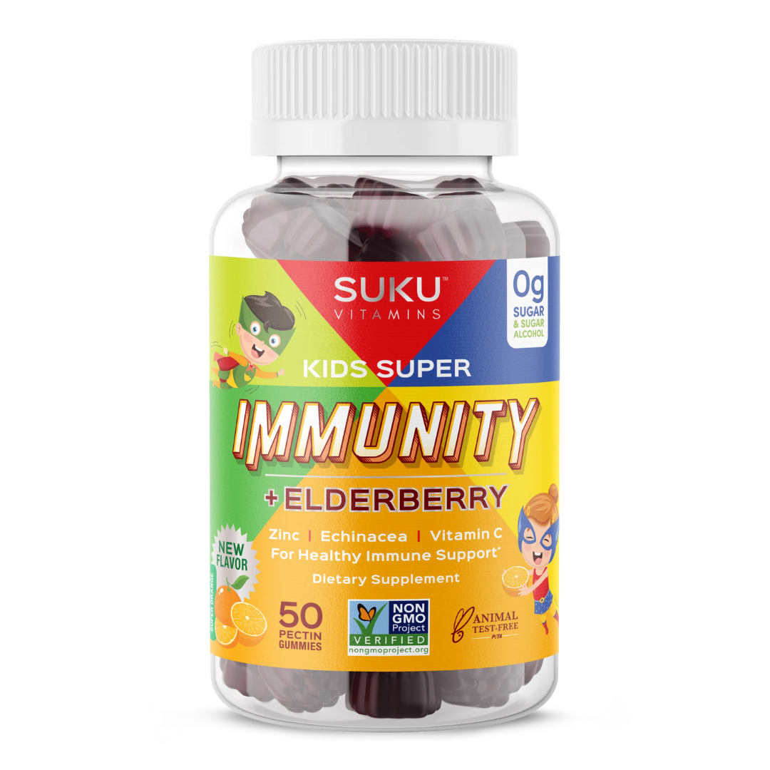 Bottle of SUKU Vitamins "Kids Super Immunity + Elderberry" with a superhero-themed yellow and green label. Contains 50 super orange-flavored pectin gummies. Supports healthy immune function with zinc, echinacea, and vitamin C. Sugar-free, Non-GMO, and animal test-free.