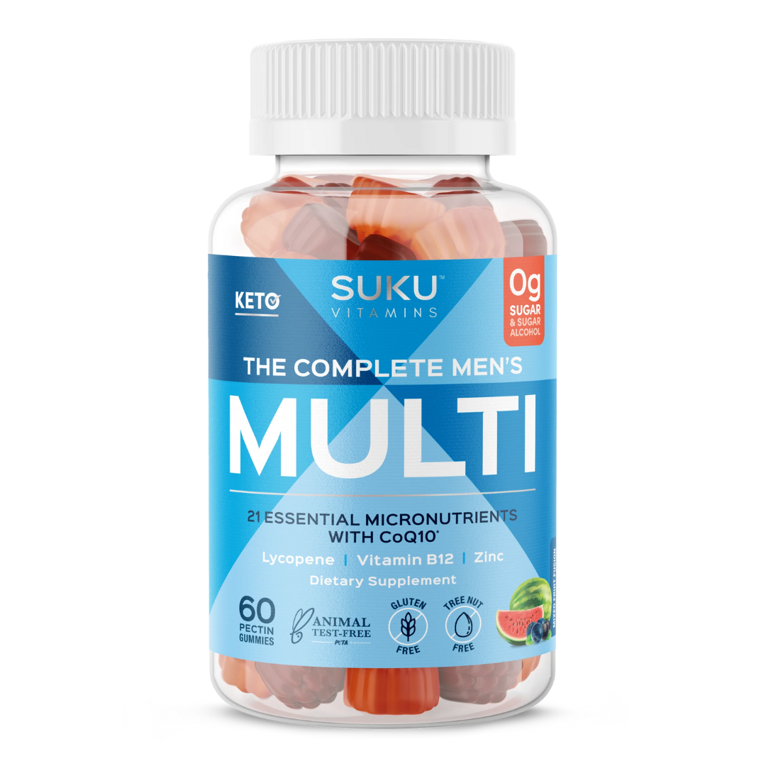 Bottle of SUKU Vitamins "The Complete Men's Multi" with a blue label. Contains 60 mixed fruit-flavored pectin gummies. Includes 21 essential micronutrients with CoQ10, lycopene, vitamin B12, and zinc. Gluten-free, nut-free, and sugar-free.
