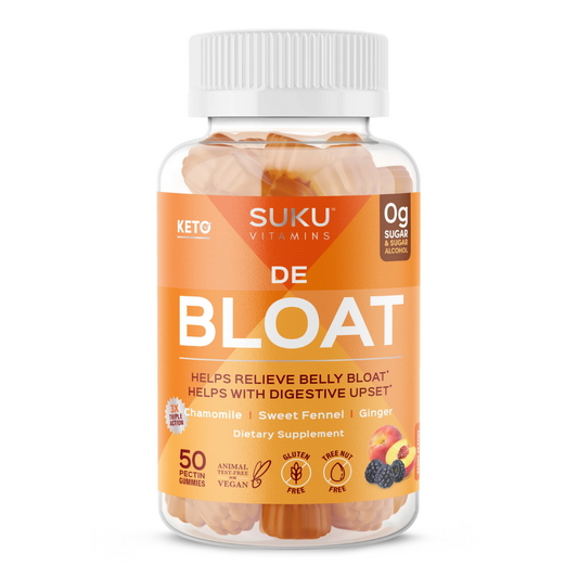 Bottle of SUKU Vitamins "De Bloat" with a bright orange label. Contains 50 berry peachy-flavored pectin gummies. Formulated to relieve belly bloat and digestive upset using chamomile, sweet fennel, and ginger. Vegan, gluten-free, and sugar-free.