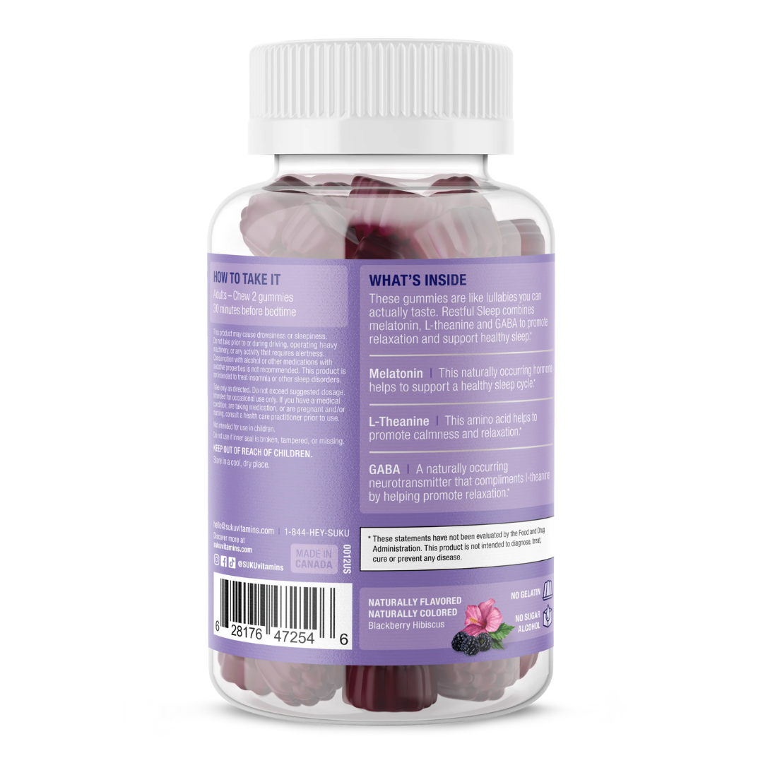 Back view of SUKU Restful Sleep gummies bottle. Describes key ingredients (Melatonin, L-Theanine, GABA) and their calming effects. Includes usage directions to chew 2 gummies 30 minutes before bedtime. Product is naturally flavored and colored.