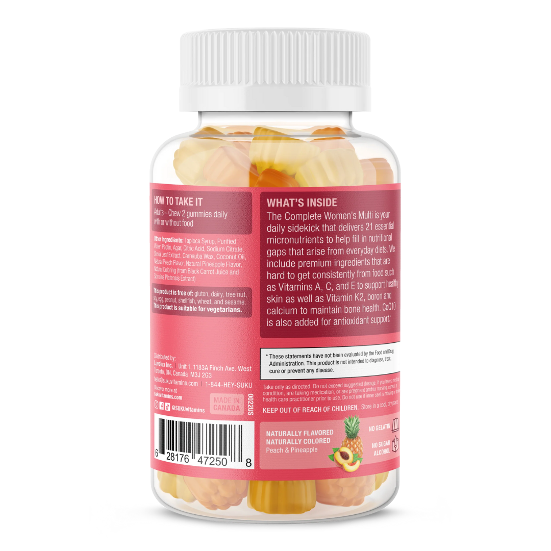 Rear view of SUKU Women's Multi vitamin bottle showing ingredients list, usage directions, and product benefits. Highlights include 21 essential micronutrients, vegetarian-friendly, and naturally flavored with peach and pineapple.