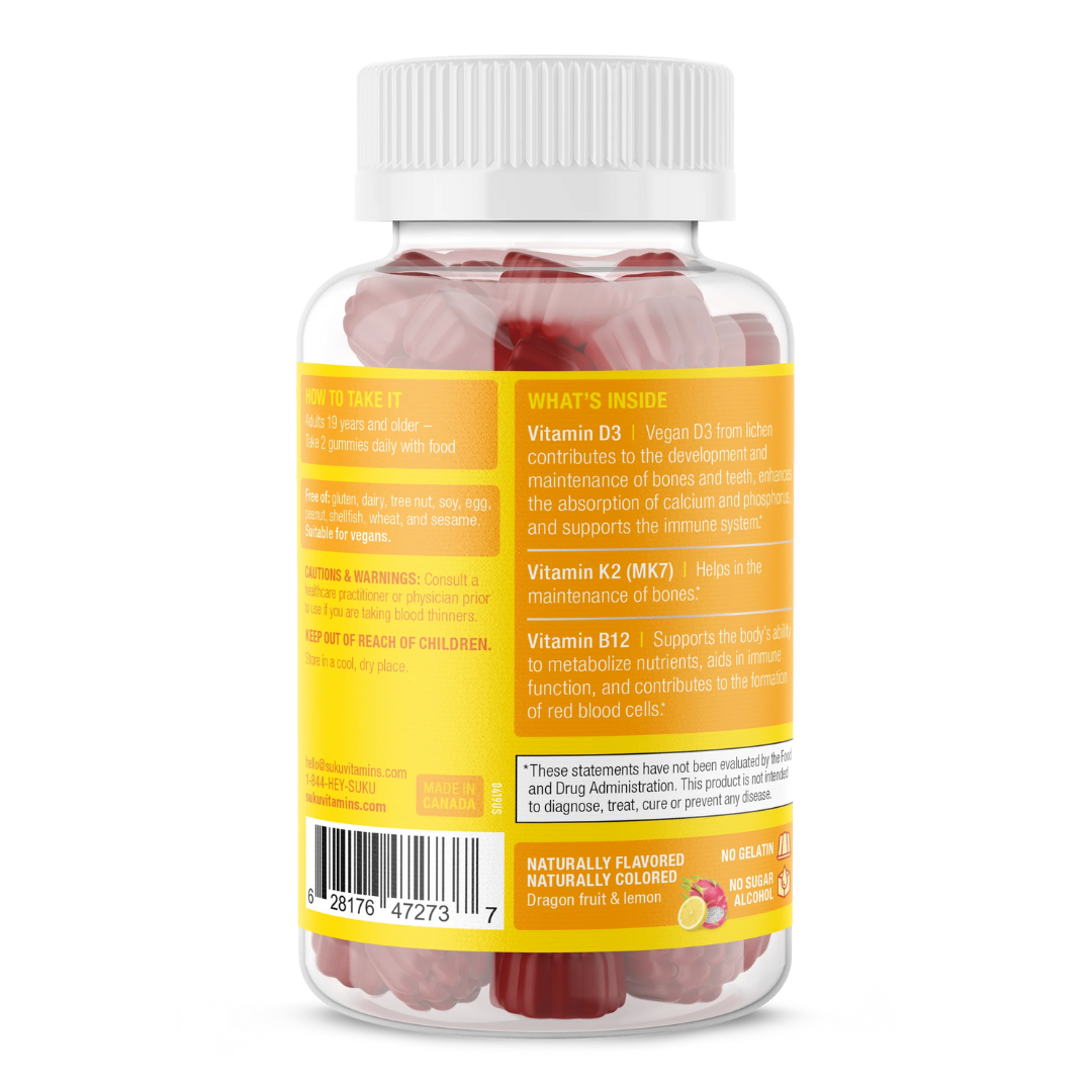 The back of the SUKU Vitamins bottle listing the product benefits and directions. It describes how Vitamin D3, K2 (MK7), and B12 support bone health, immune function, and nutrient absorption. Also includes instructions for adults to take 2 gummies daily with food, and icons indicating it's vegan and free from common allergens.
