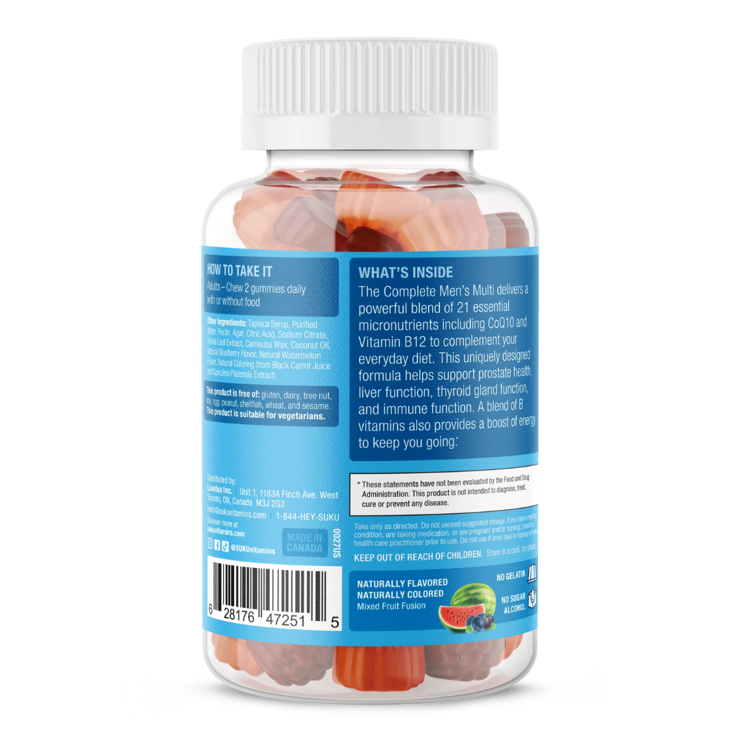 Back view of SUKU Men's Multi bottle showing benefits and ingredients. Highlights support for prostate health, liver function, immune system, and energy. Includes daily directions to chew 2 gummies with or without food.