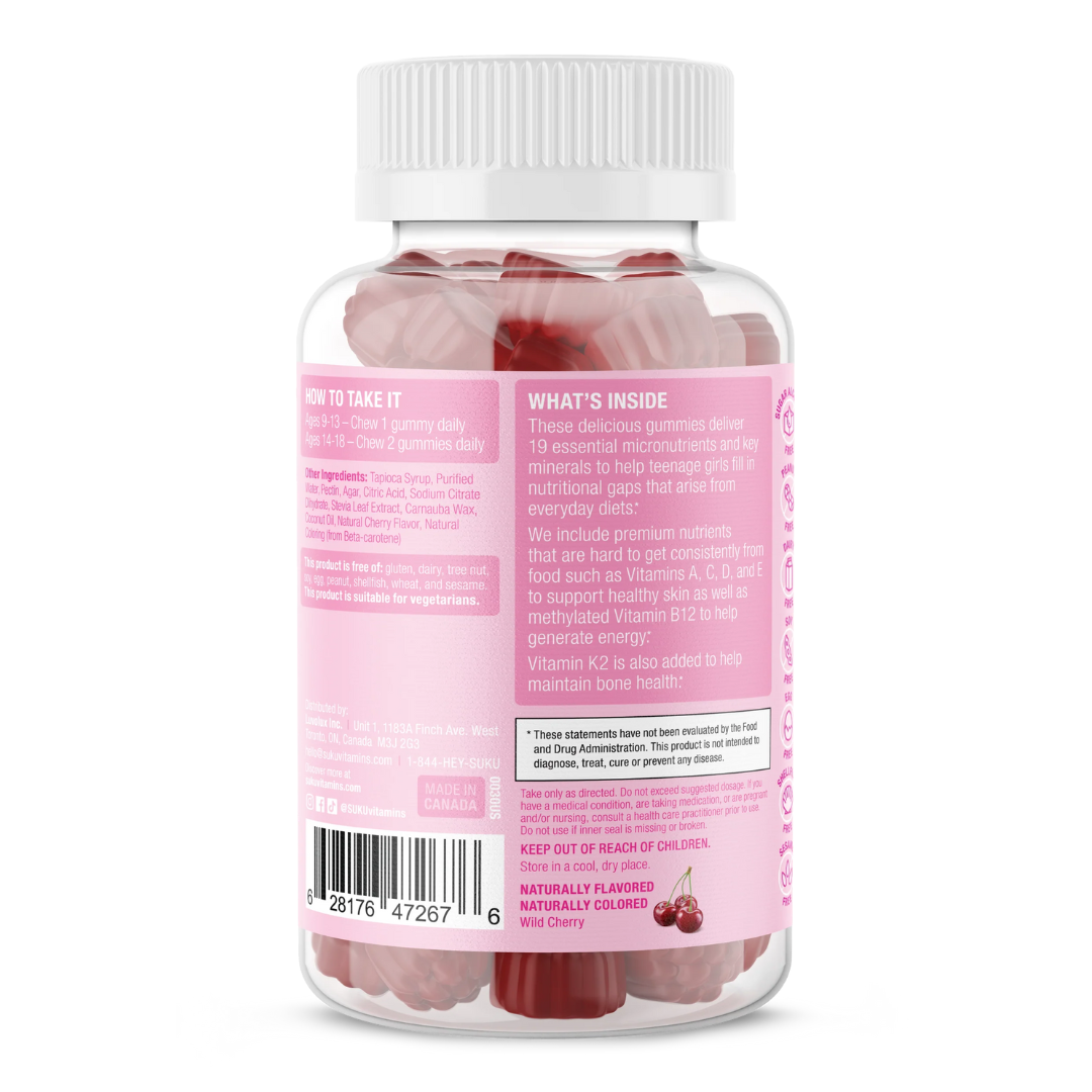 Back view of SUKU Teen Girl Total Multi bottle. Describes benefits of included nutrients for healthy skin, energy, and bone health. Contains directions for teens aged 9–13 (1 gummy daily) and 14–18 (2 gummies daily).