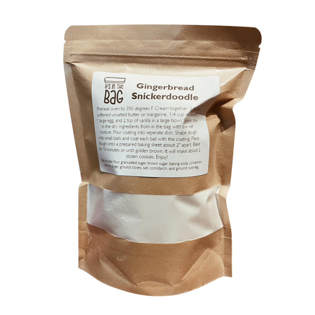 Brown paper bag with a label for Gingerbread Snickerdoodle mix on a white background