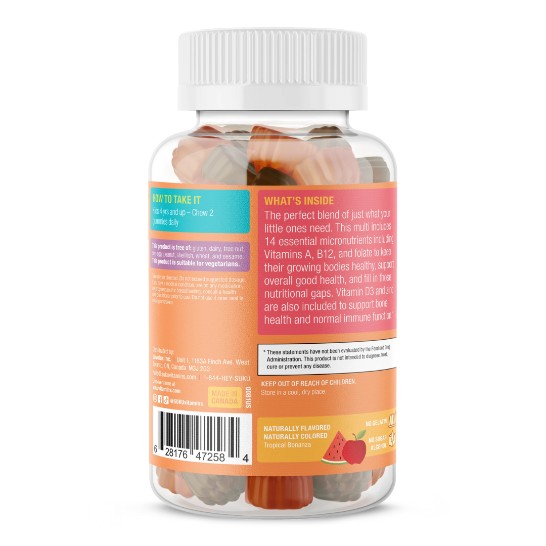 Back of SUKU Kids Multi bottle describing the benefits of the 14 included micronutrients. Formulated to support growing bodies, bone health, and immune function. Directions indicate kids aged 4+ should chew 2 gummies daily.
