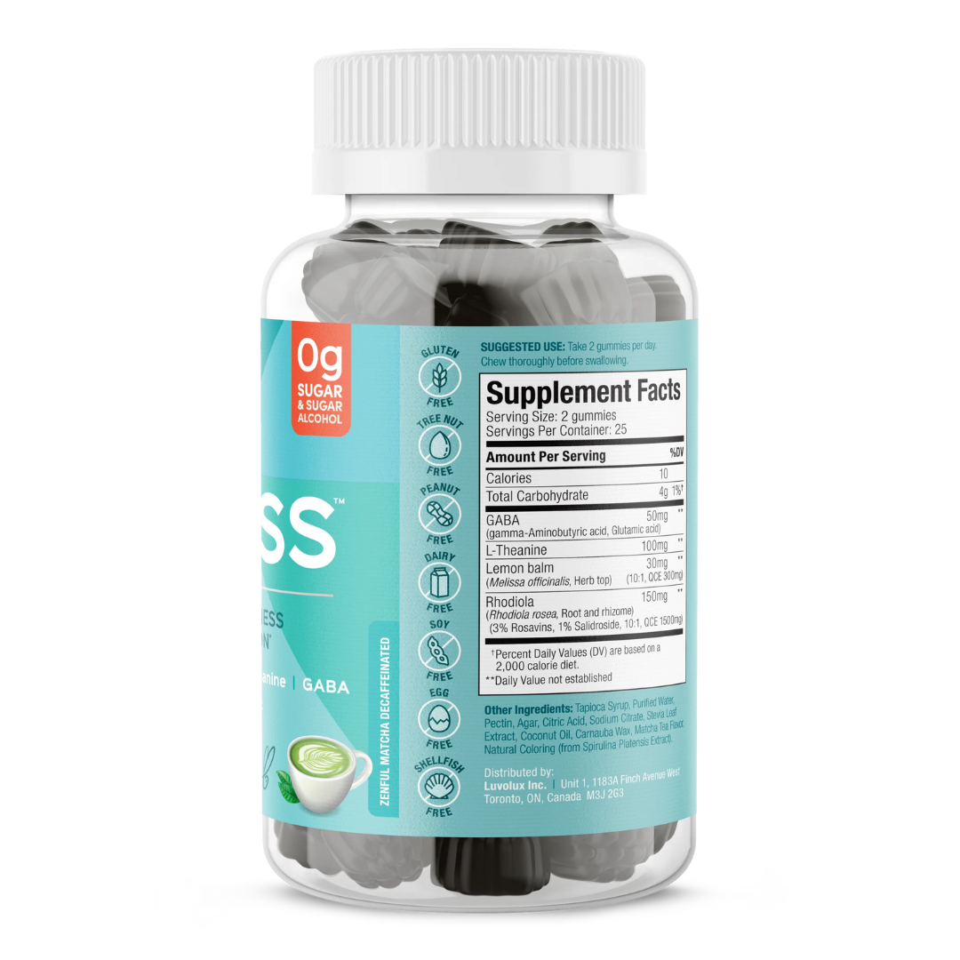 Side view of SUKU Buh Bye Stress bottle showing supplement facts and allergen-free icons. Each serving contains GABA, L-Theanine, Lemon Balm, and Rhodiola. Product is free of gluten, soy, dairy, nuts, and suitable for vegans.