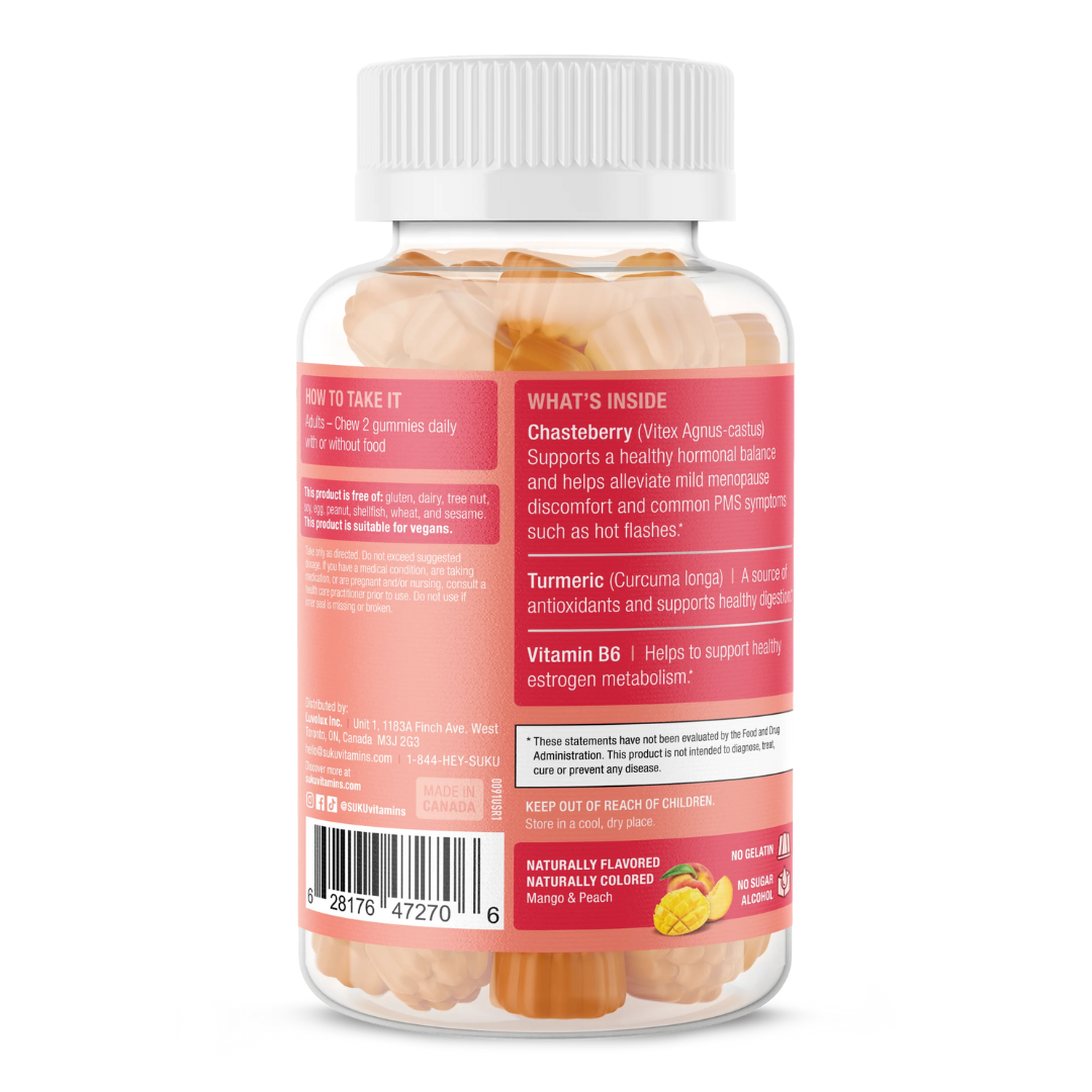 Details of PMS symptom relief, hormone support, and ingredient benefits.