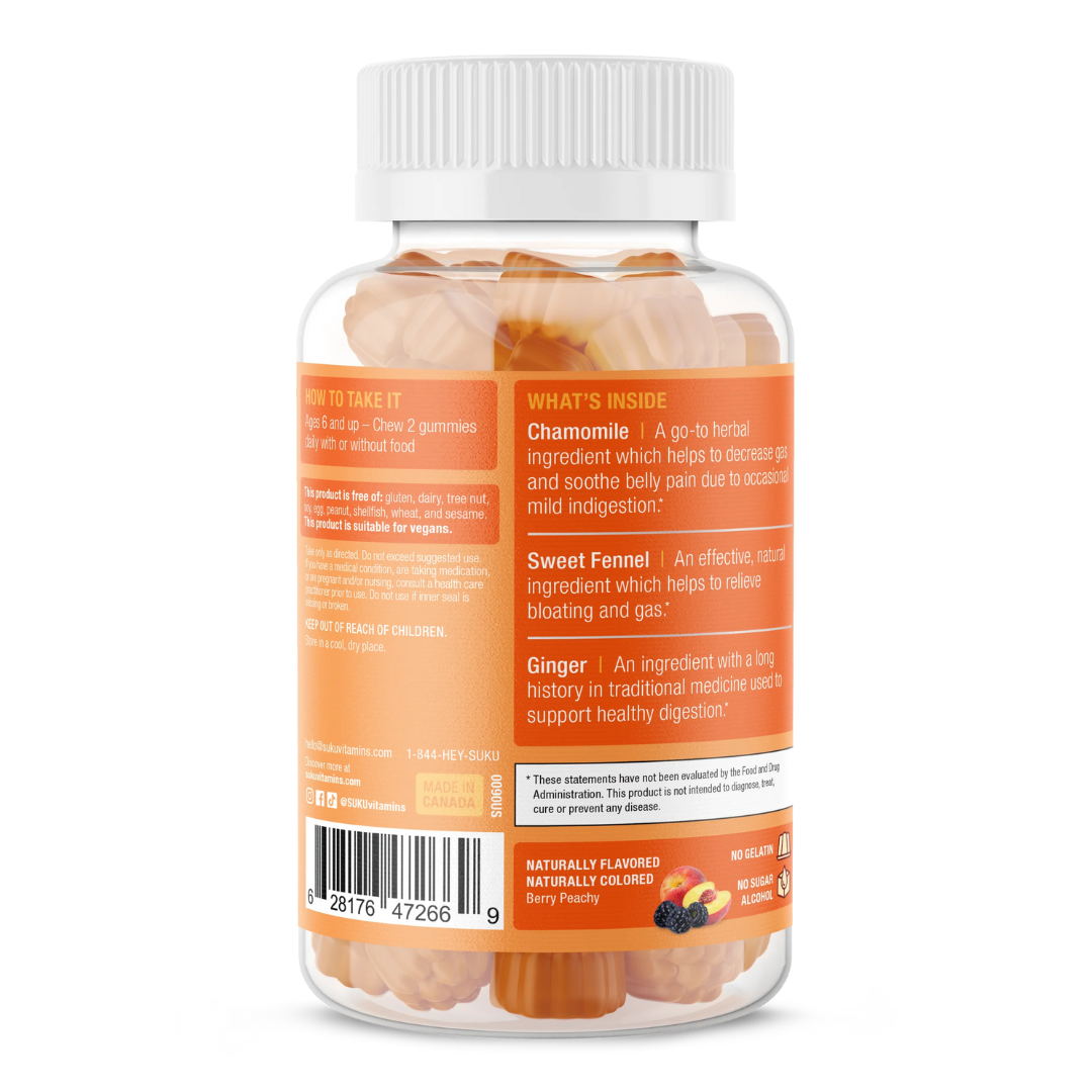 Back view of SUKU De Bloat bottle outlining key ingredients and benefits. Chamomile helps reduce gas and mild indigestion, fennel relieves bloating, and ginger supports digestion. Dosage instructions for ages 6 and up are included.
