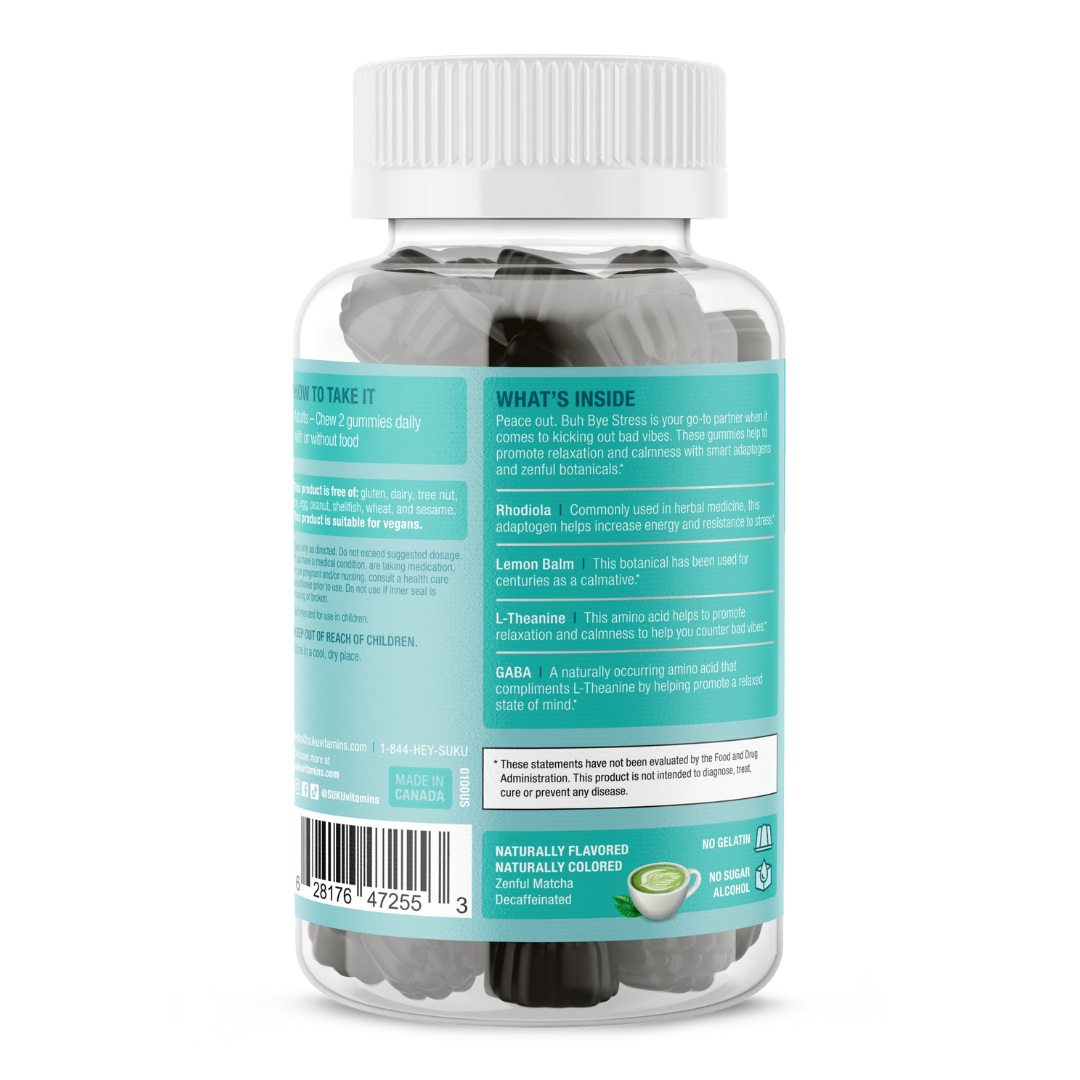 Back of SUKU Buh Bye Stress bottle highlighting key calming ingredients and their benefits. Describes how the formula supports relaxation using adaptogens and botanicals. Also includes directions to chew 2 gummies daily.