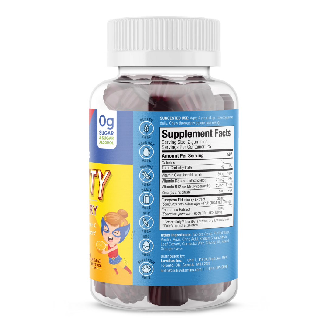 Side view of SUKU Kids Super Immunity bottle showing supplement facts. Includes vitamin C, vitamin D3, B12, zinc, elderberry extract, and echinacea. Allergen-free icons and usage instructions for kids age 4 and up also visible.