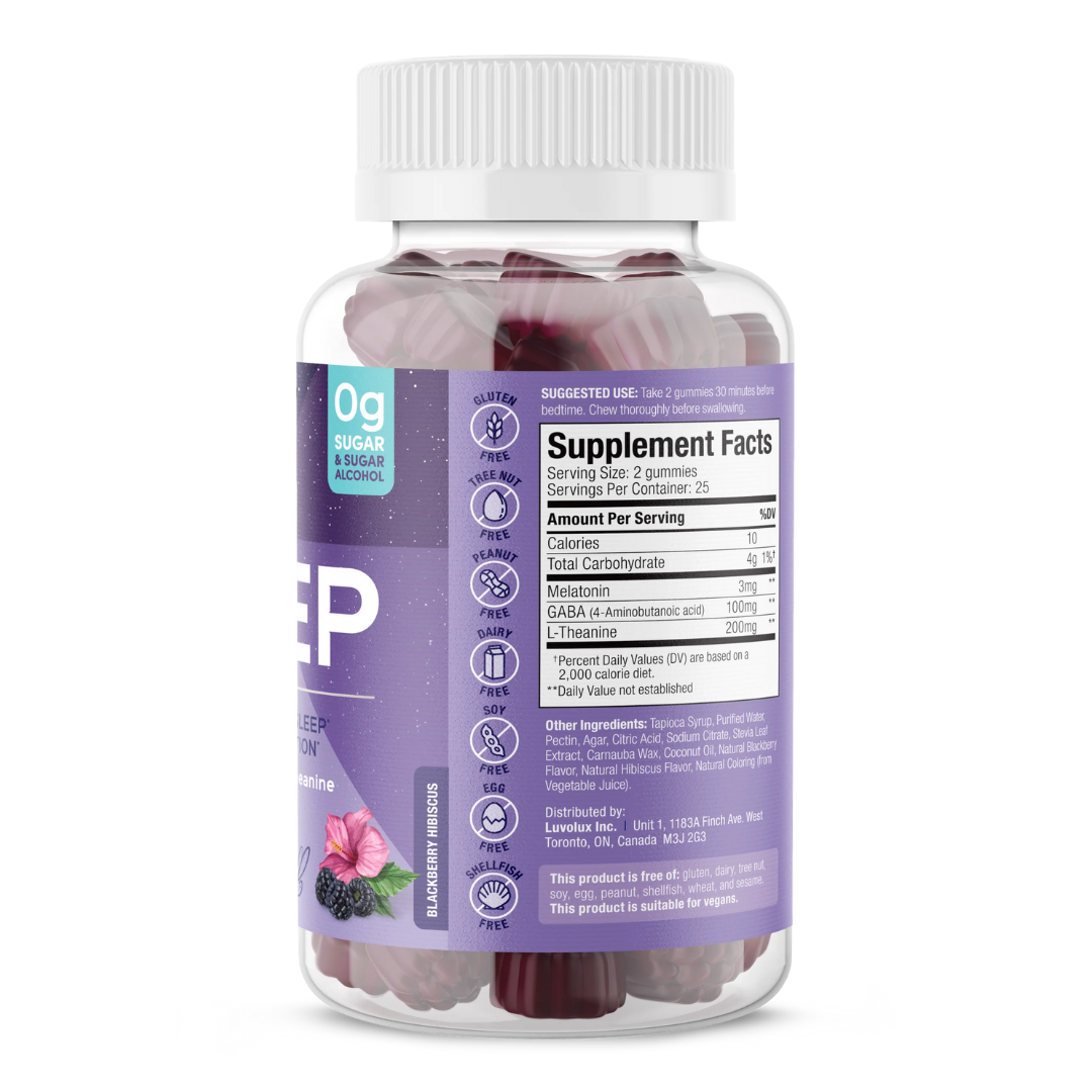 Side view of SUKU Restful Sleep bottle with supplement facts label. Shows serving size and quantities of Melatonin (3mg), GABA (100mg), and L-Theanine (200mg). Includes allergen-free icons and ingredients list. Suitable for vegans.
