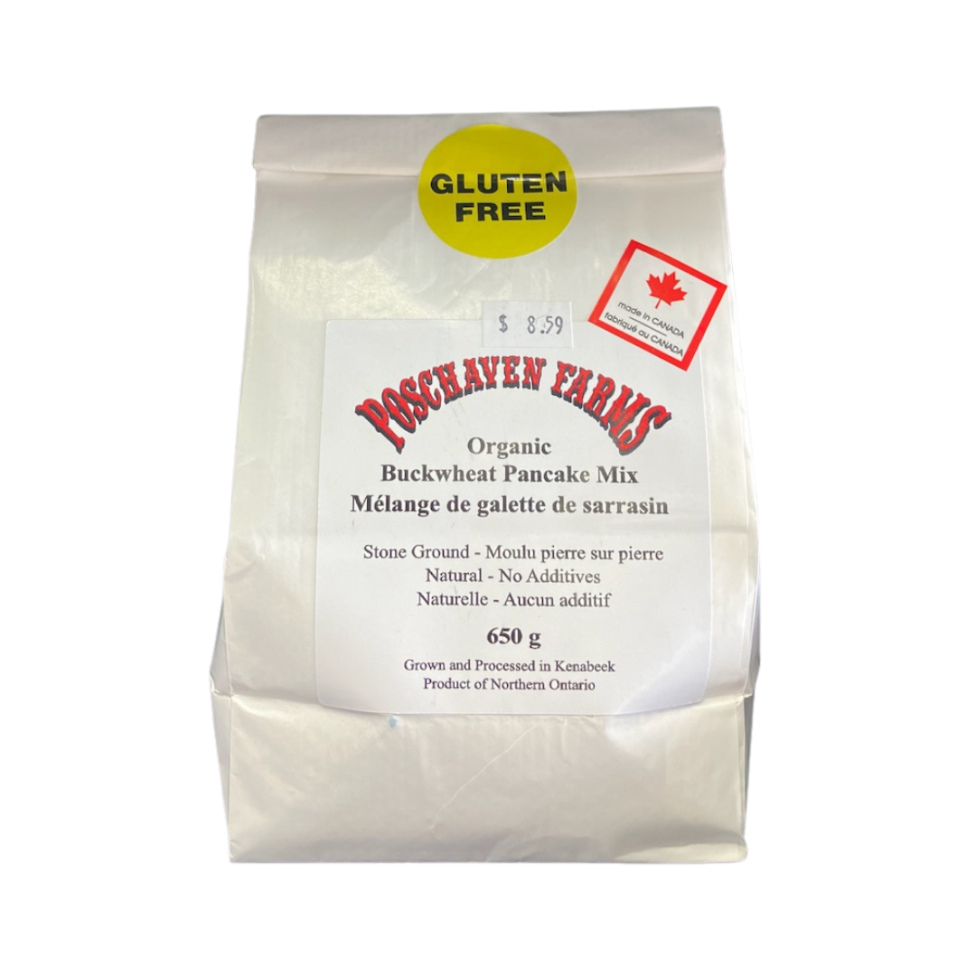 Bag of Poschaven Farms Organic Buckwheat Pancake Mix with gluten-free label on a white background