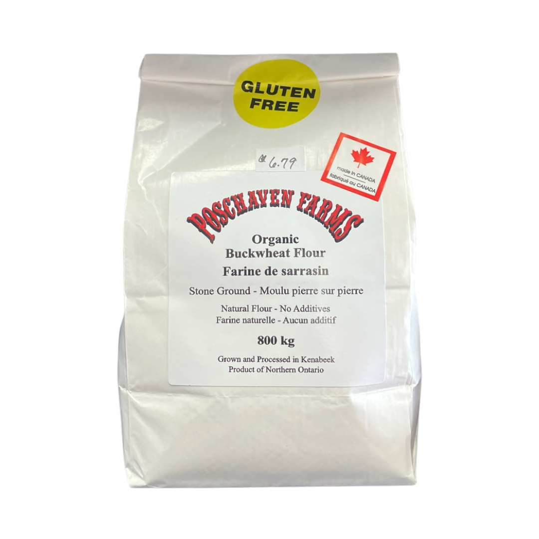 Bag of Poshaven Farms Organic Buckwheat Flour with gluten-free label on a white background