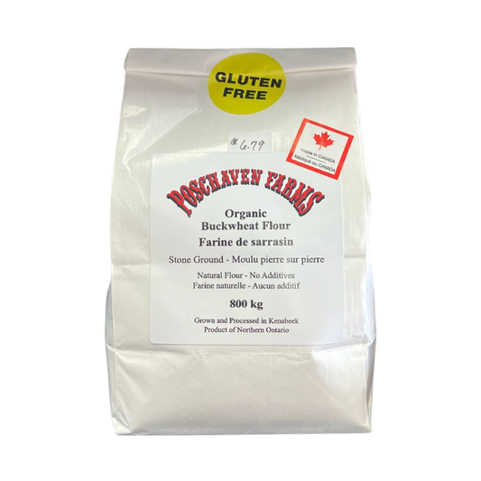Bag of Poshaven Farms Organic Buckwheat Flour with gluten-free label on a white background
