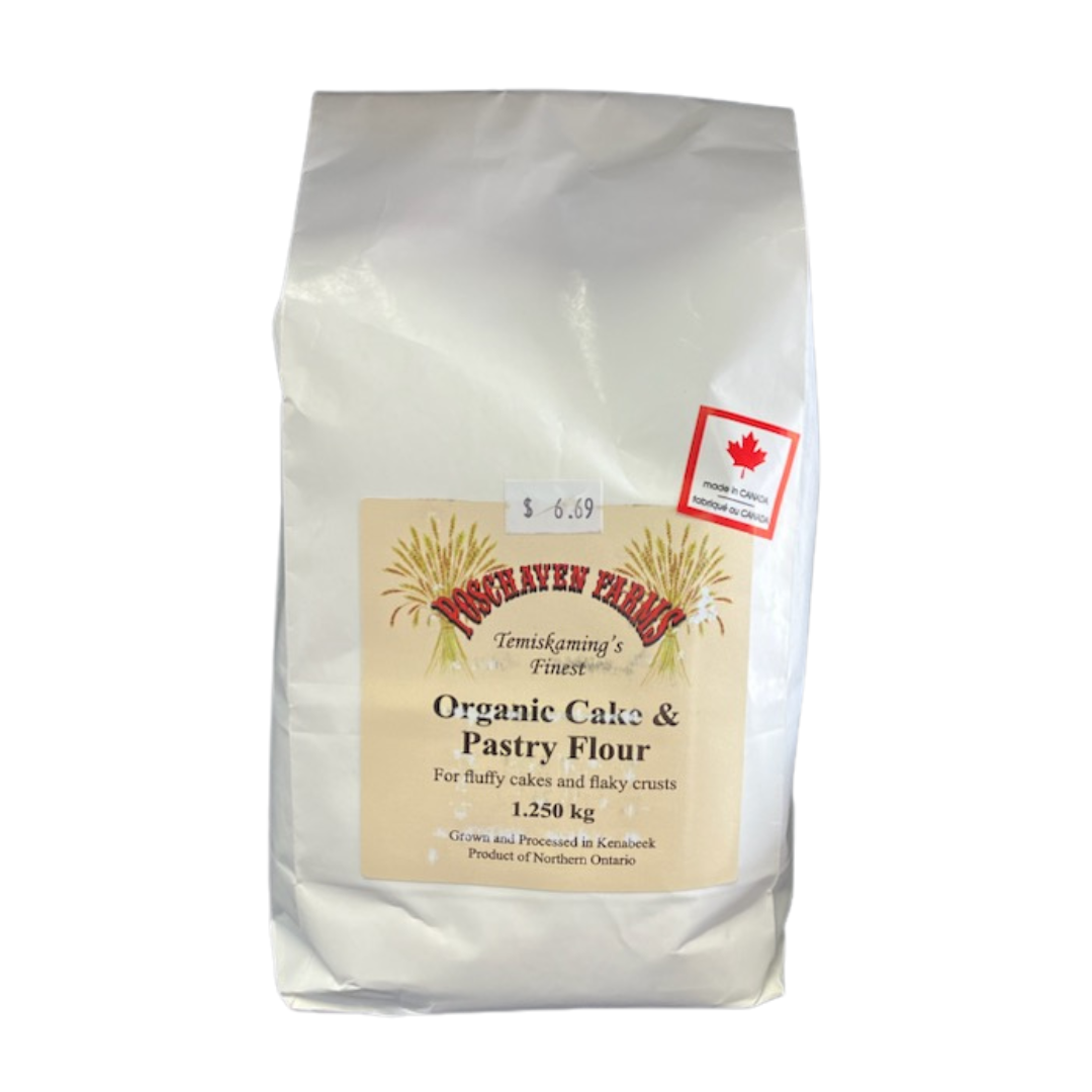 Bag of organic cake and pastry flour with a visible brand label on a white background