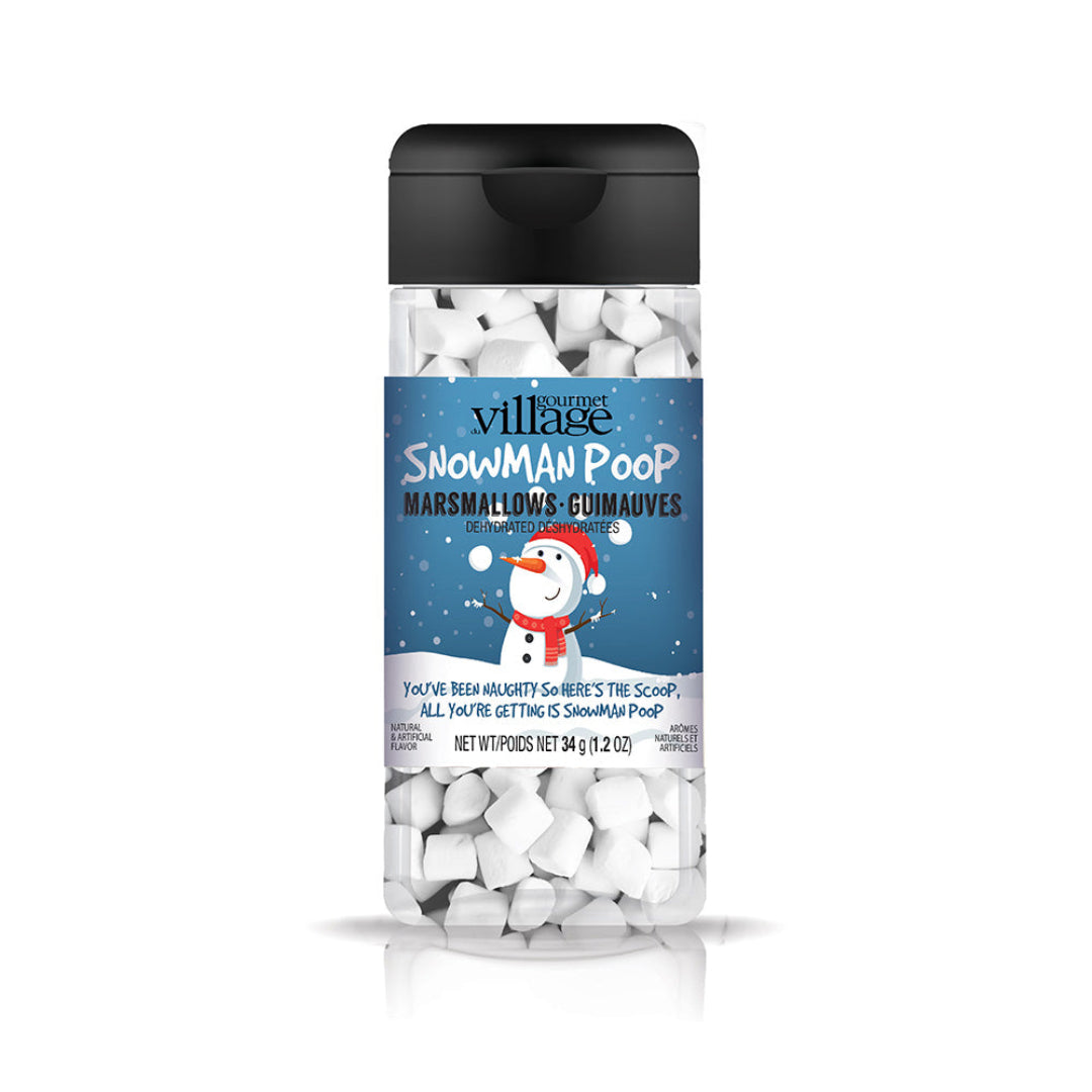 Jar of Snowman Poop marshmallows with a blue label featuring a snowman on a white background.